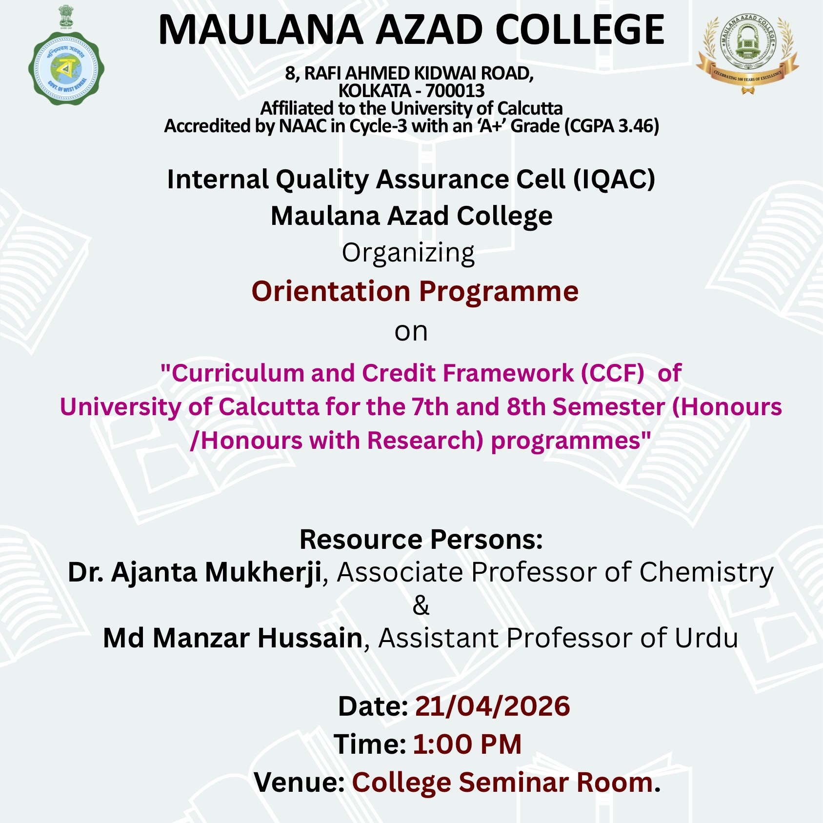 Curriculum and Credit Framework (CCF) of CU for the 7th and 8th Semester (Hons./Hons. with Research) programmes